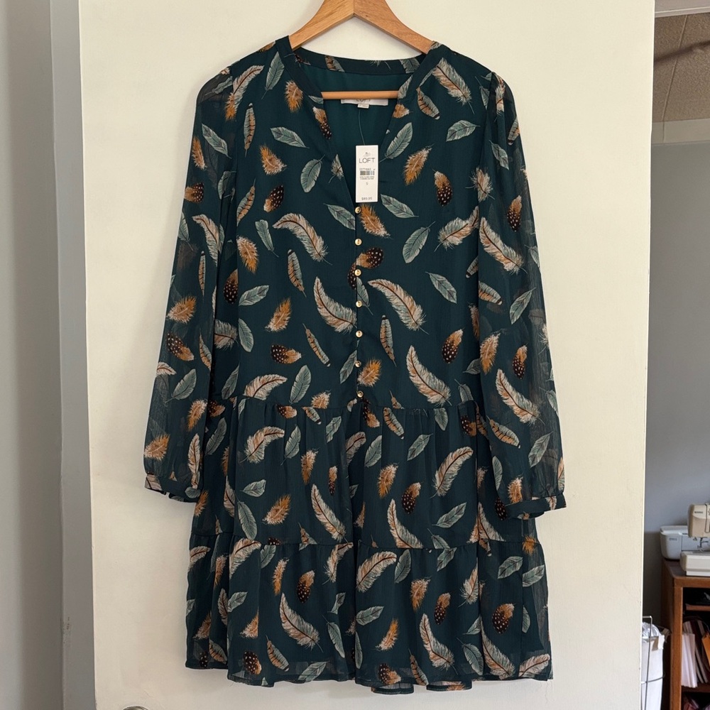 LOFT Teal Feather-Print Tiered Dress with Rust Accents